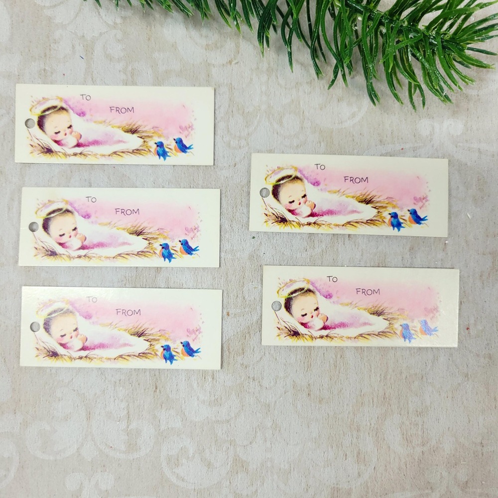 Vintage Baby Jesus Gift Tags Pink Pastel 1950s MCM Christmas Present Label